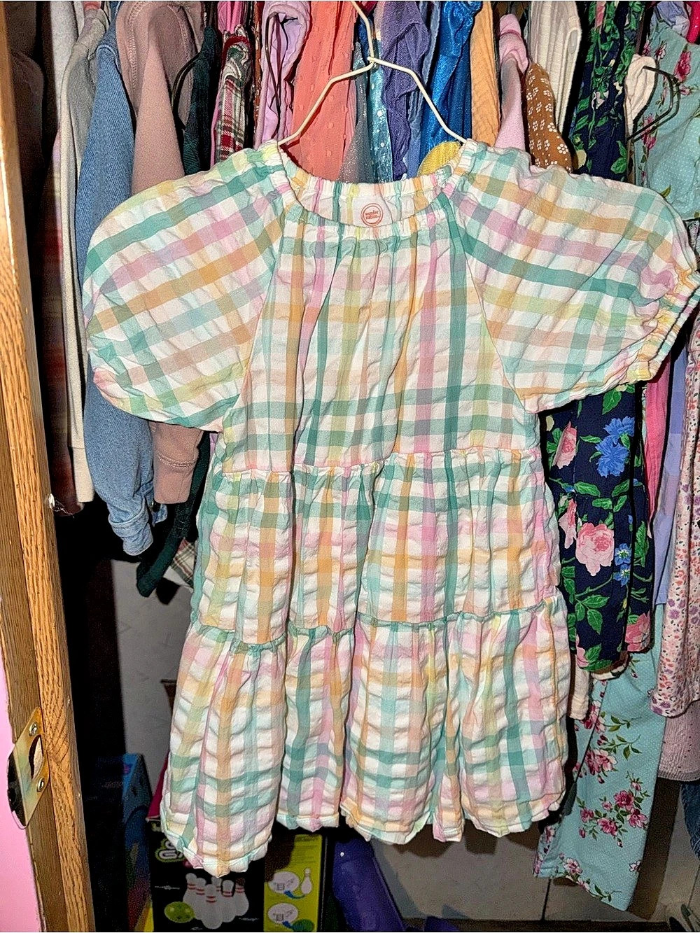 Wonder Nation Pastel Rainbow Plaid Tiered Dress Pink & Green
